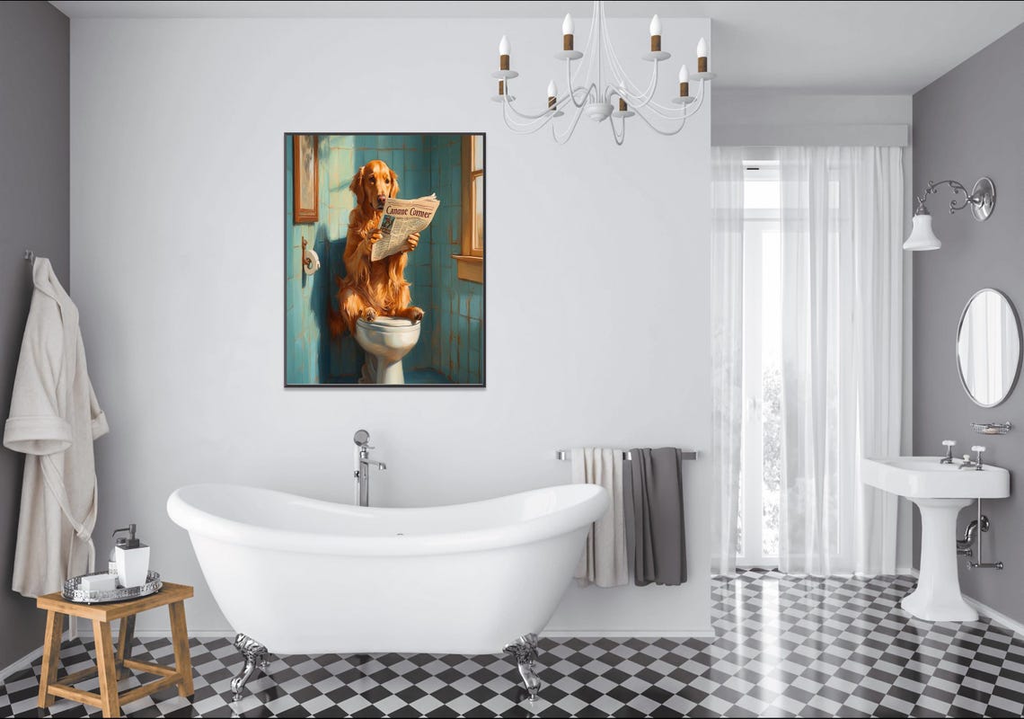 Golden Retriever Reading Canane Commer Newspaper On A Toilet Poster - Image 2
