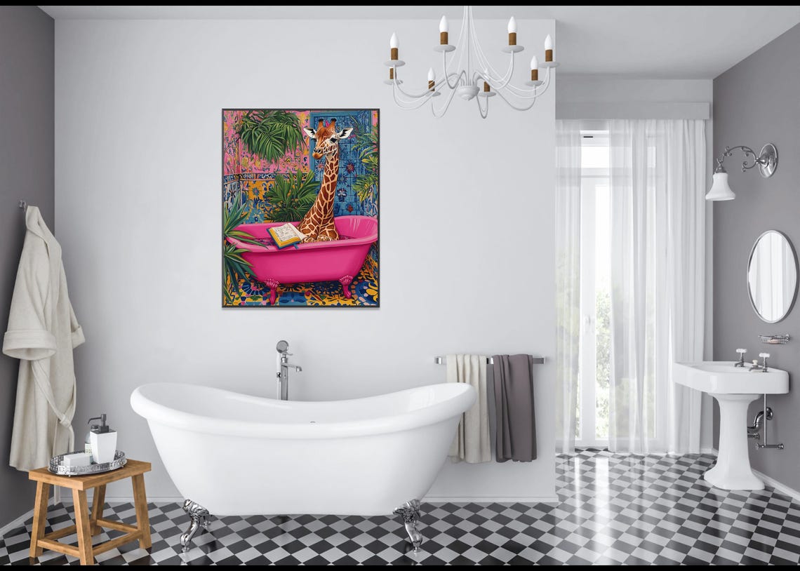 Giraffe Reading Book In Pink Bathtub Tropical Jungle Animal Poster - Image 3