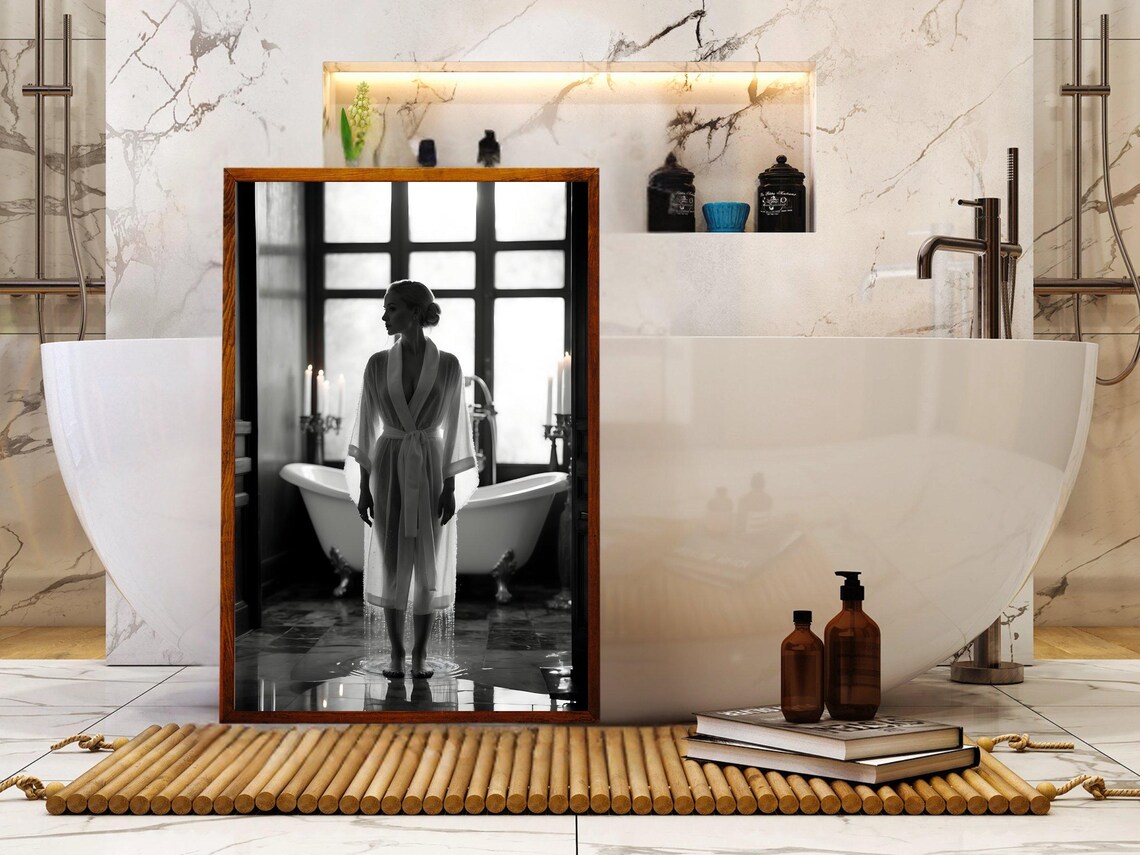 Woman in a Robe Standing in an Elegant Clawfoot Tub Bathroom Poster - Image 5
