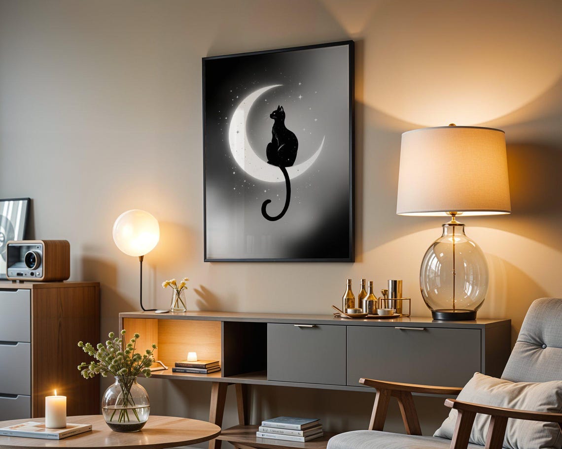 Black Cat Silhouette Sitting on a Crescent Moon in a Starry Sky Poster - Image 3