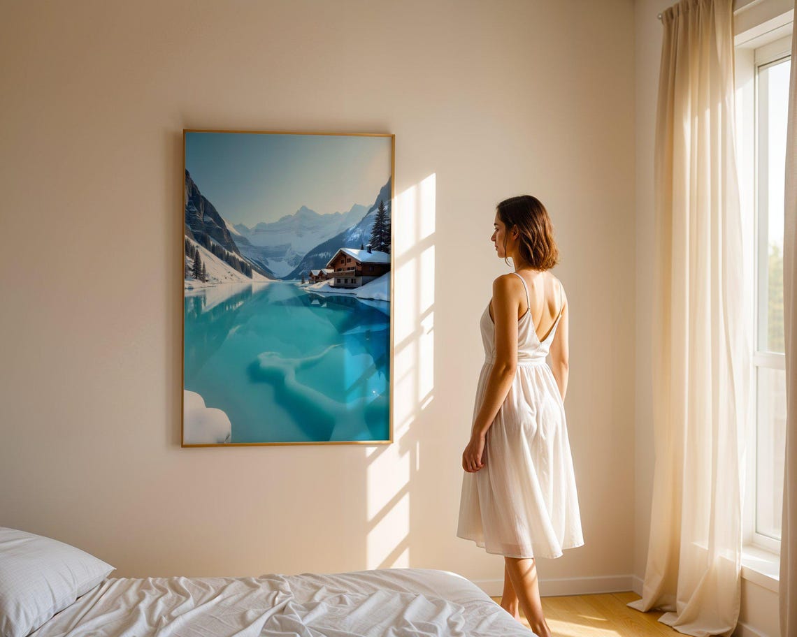 Cozy Wooden Alpine Chalet Beside Turquoise Lake in Winter Poster - Image 2