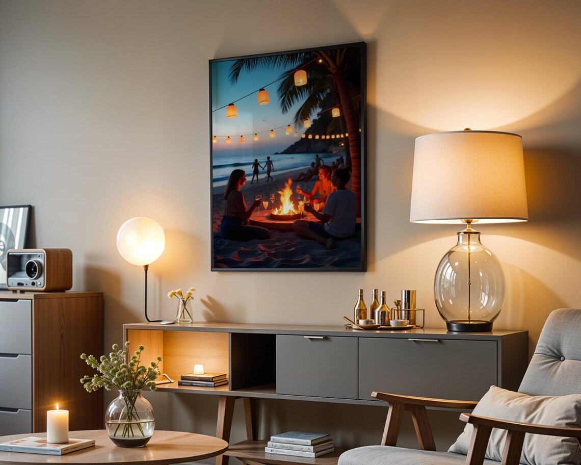 Coastal Beach Night Art Print, Romantic Firepit Scene - Image 5