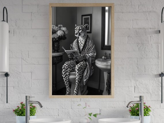 Cheetah In Satin Robe Reading On Toilet Black And White Poster