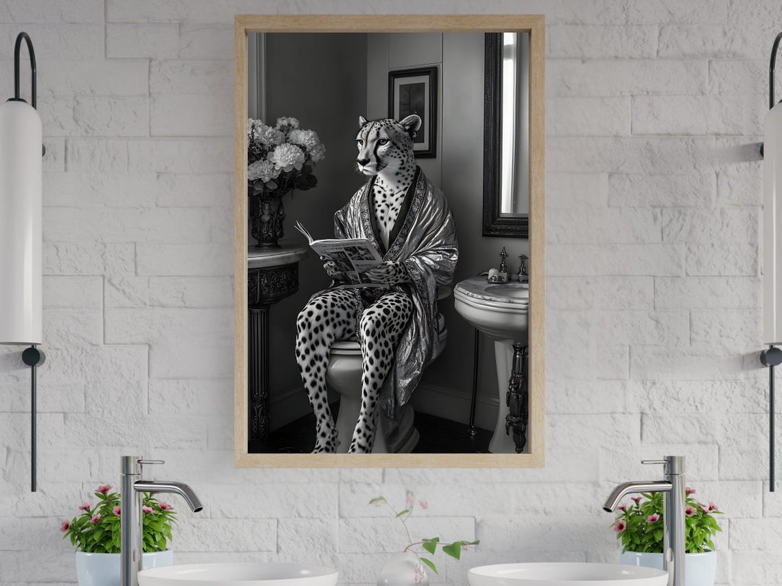 Cheetah In Satin Robe Reading On Toilet Black And White Poster