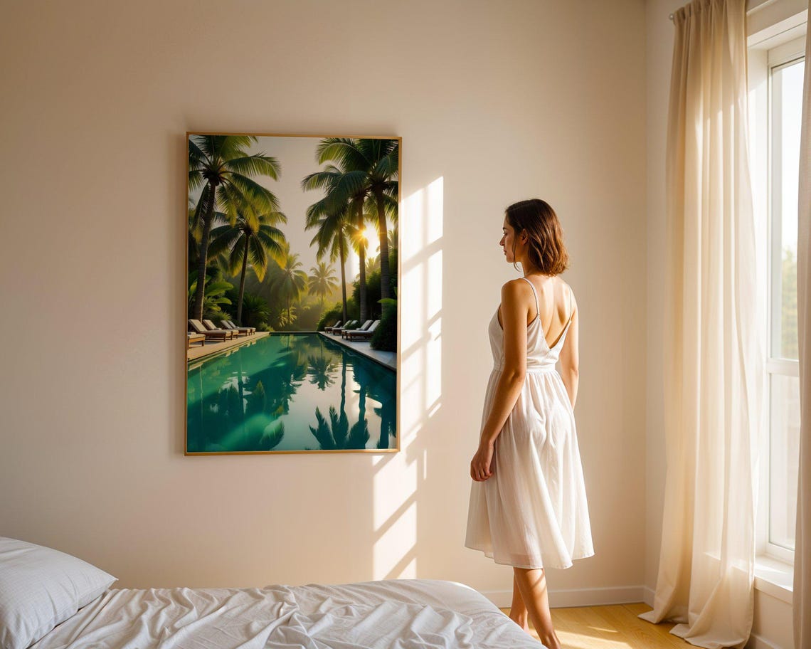 Tropical Resort Pool With Palm Trees Reflecting Sunrise Poster - Image 4