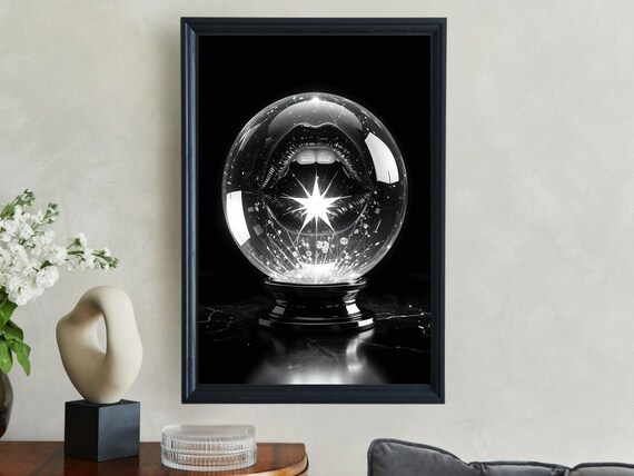 Mystical Crystal Ball Wall Art Surreal Lips With Light Burst Print Modern Black And White Decor Enigmatic Lip Artwork