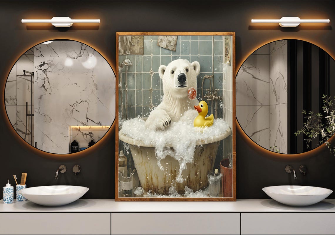 Polar Bear Splashing in a Vintage Bubble Bath with Rubber Duck Poster - Image 3