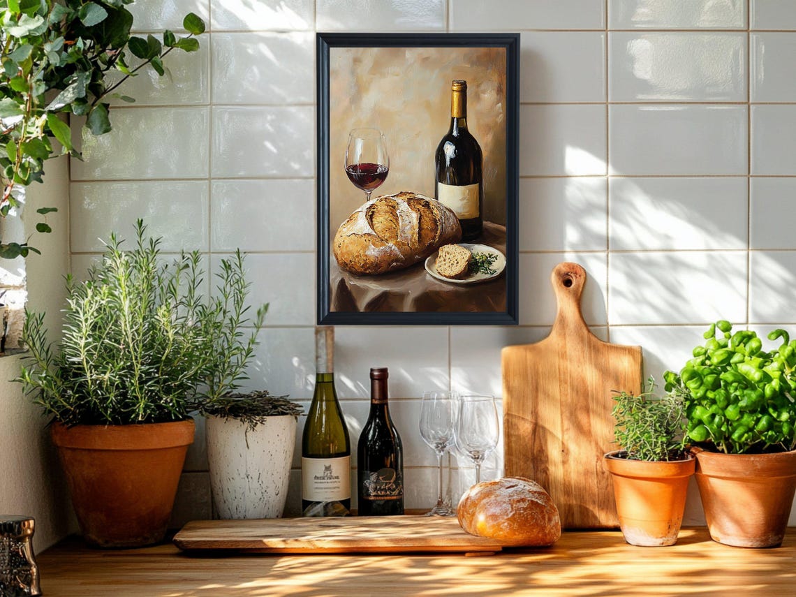 Rustic Red Wine with Crusty Bread Still Life Painting Poster - Image 5