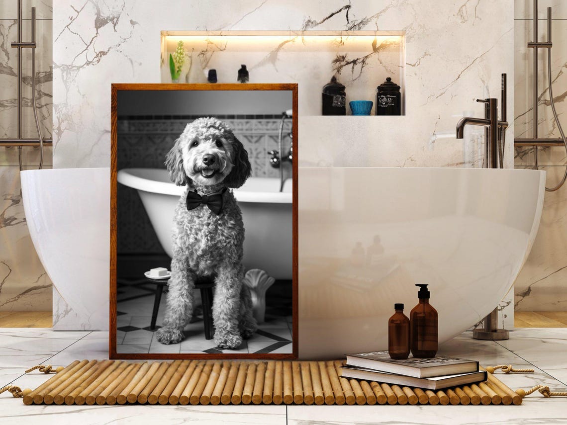 Curly Dog With Bow Tie in Bathroom Black and White Art Poster - Image 5