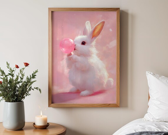 Fluffy White Bunny Blowing Pink Bubble Cute Nursery Art Poster