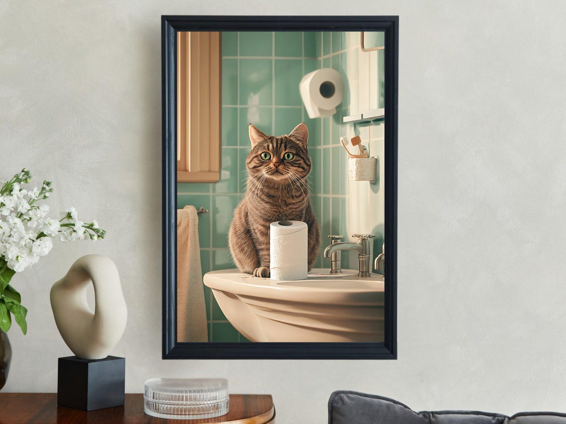 Tabby Cat Sitting by the Sink in a Mint Tiled Bathroom Poster - Image 2