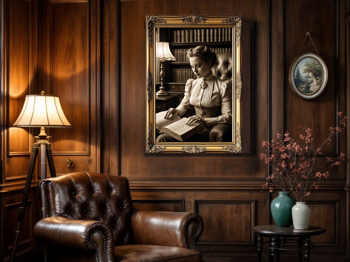 Sepia Vintage Portrait Of A Woman Reading In A Classic Library Poster - Image 5