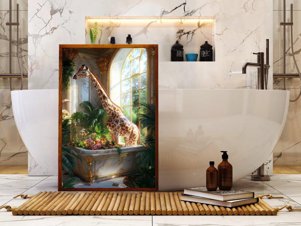 Giraffe in a Sunlit Marble Tub by Tall Arched Windows Day Poster - Image 5