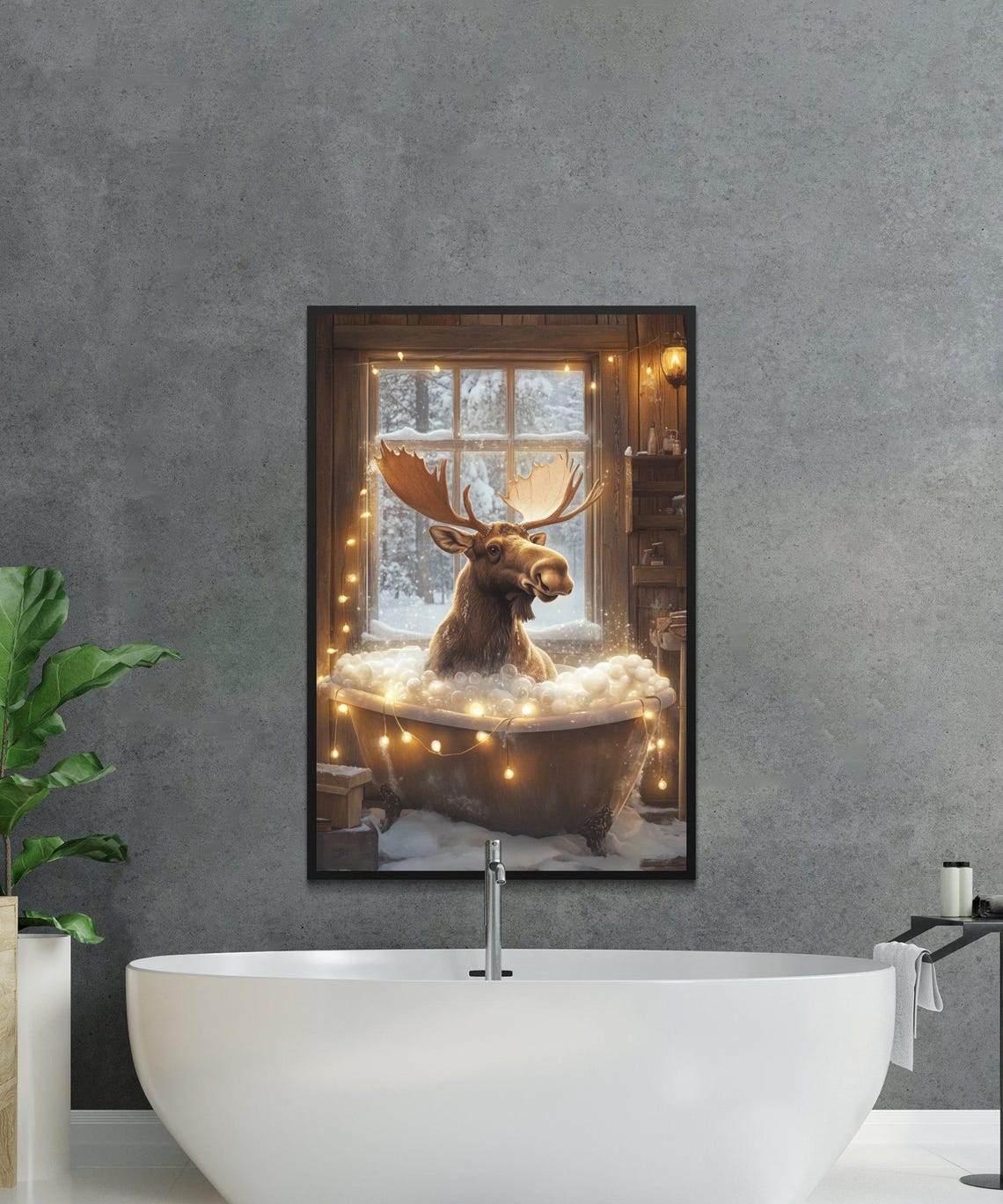 Moose in a Bubble Bath by a Snowy Cabin Window Winter Poster - Image 2