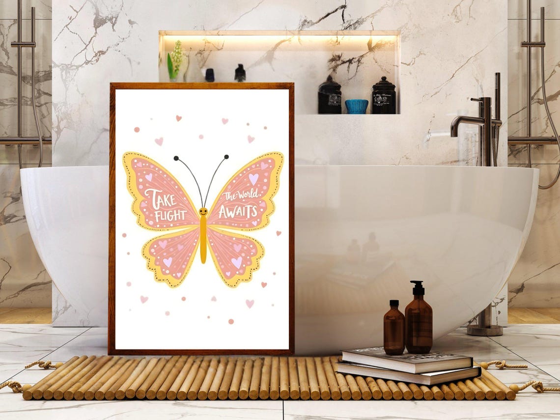 Take Flight The World Awaits Butterfly Quote Inspirational Poster - Image 2