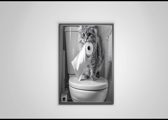 Tabby Cat Holding Toilet Paper Standing On Toilet Funny Poster