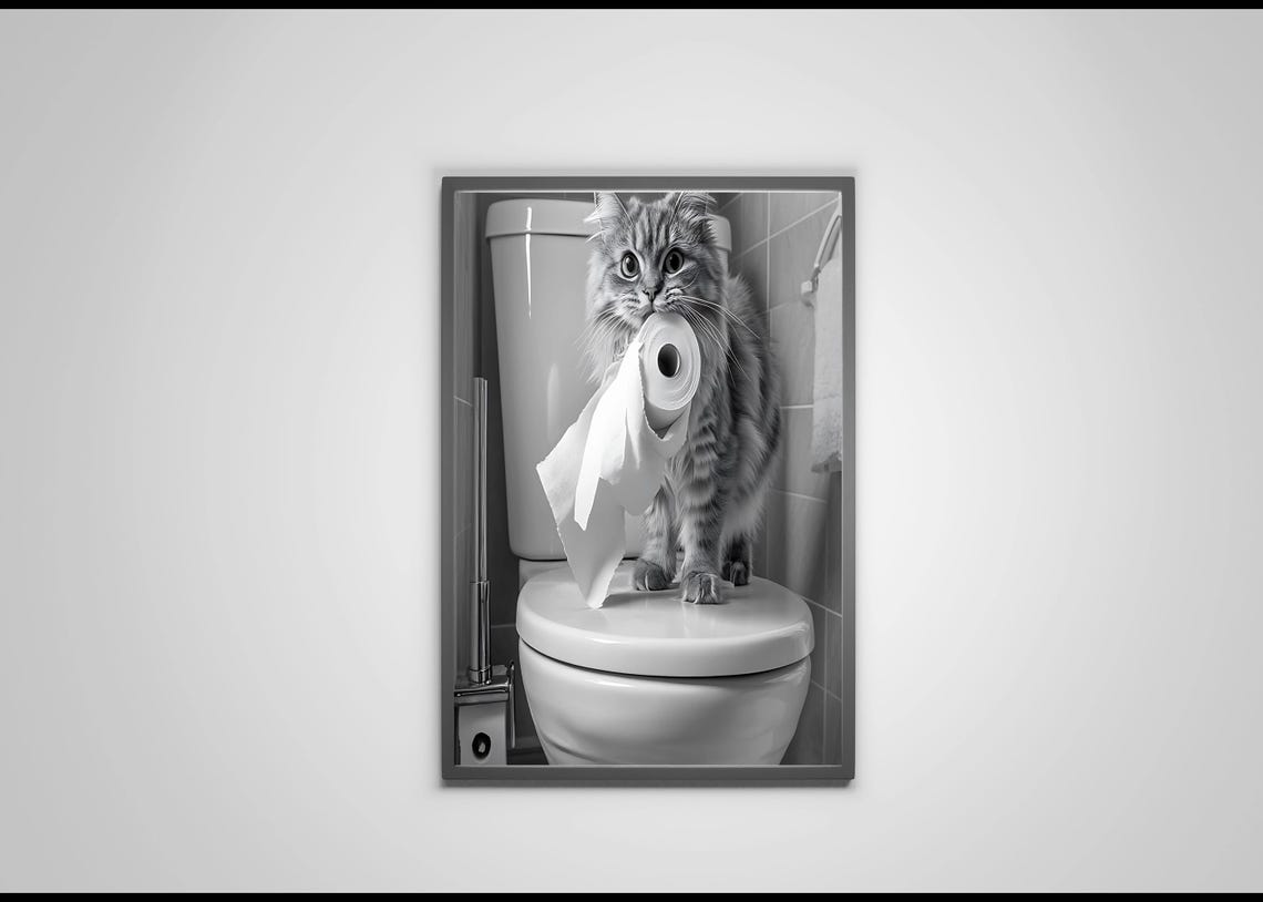 Tabby Cat Holding Toilet Paper Standing On Toilet Funny Poster