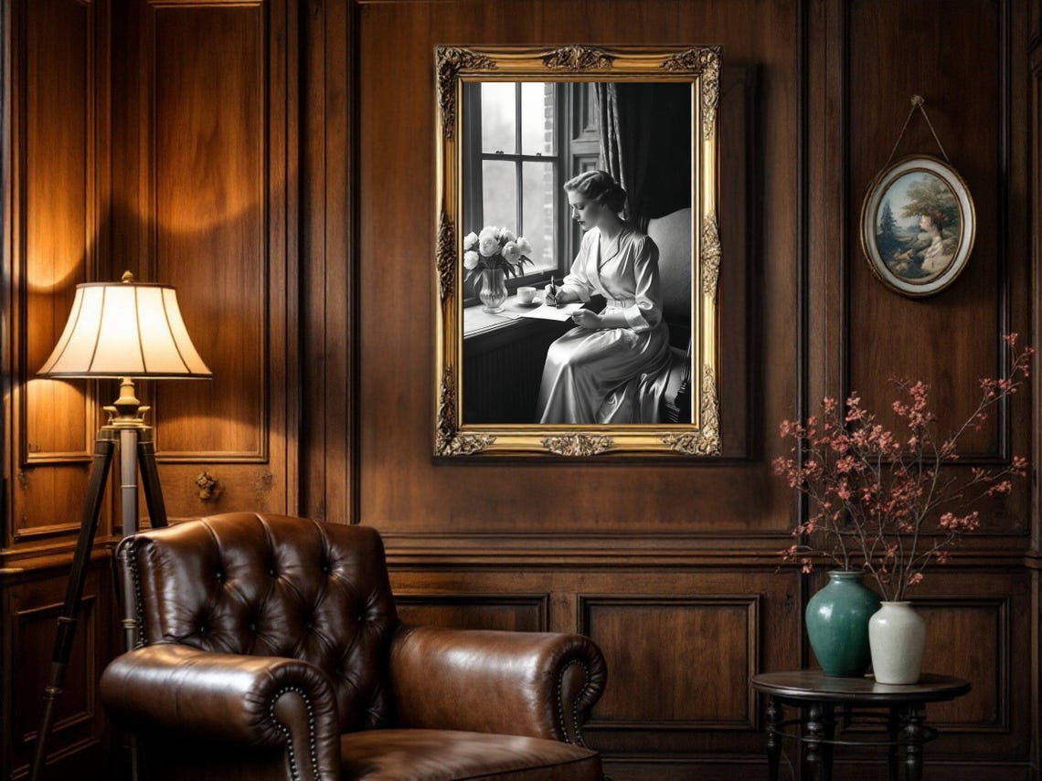Woman in Satin Robe Writing Letter by Window with Peonies Poster - Image 5