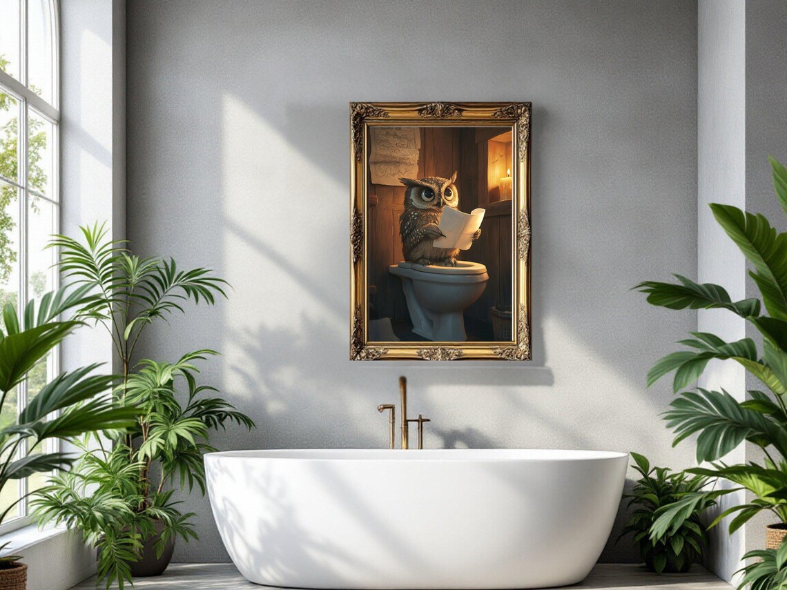 Little Owl Reading Letter On Toilet In Rustic Bathroom Animal Poster - Image 3