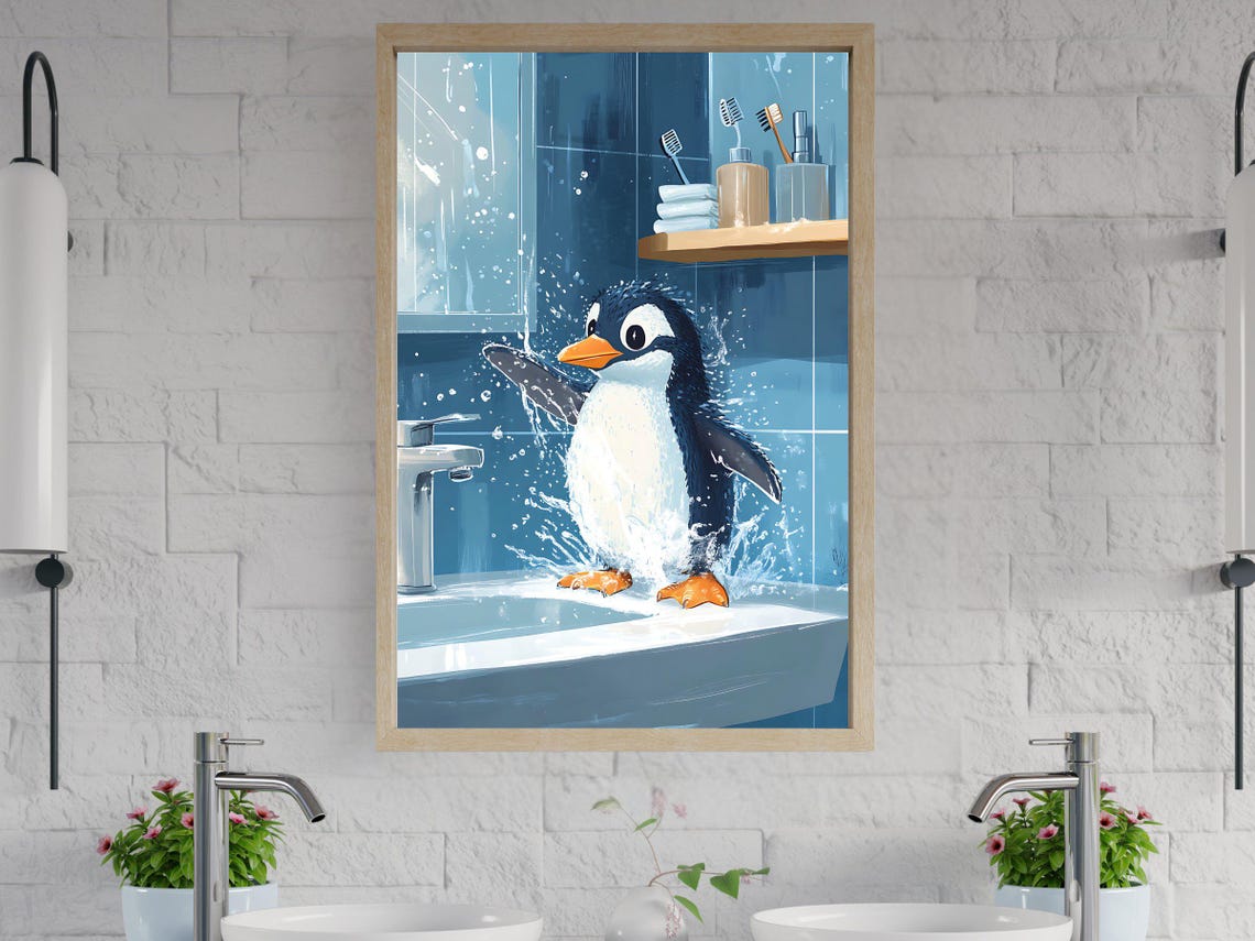 Playful Penguin Splashing Water Across the Bathroom Sink Poster