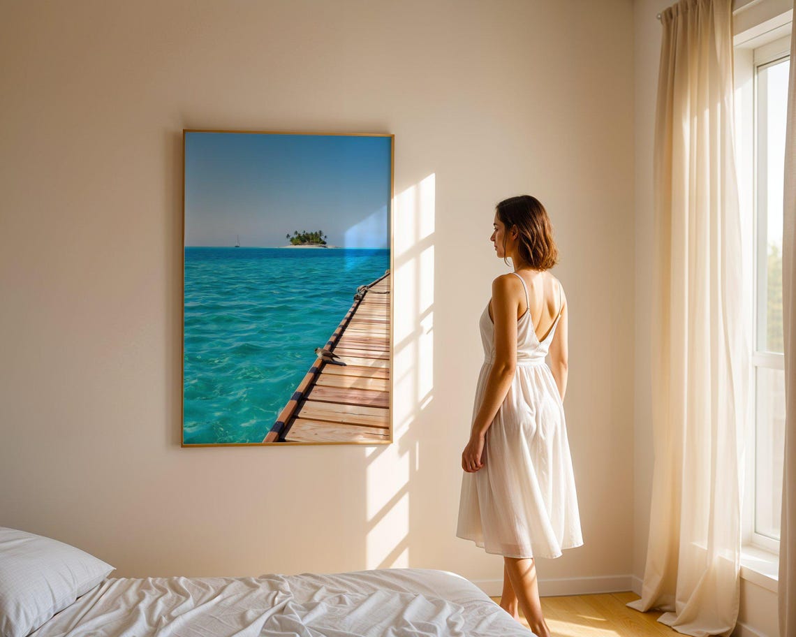 Wooden Pier Walkway Leading to Tropical Island with Sailboat Poster - Image 4