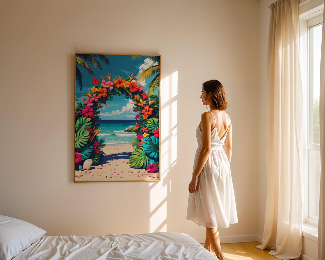 Tropical Beach Ocean View Framed By Hibiscus Flower Arch Poster - Image 4
