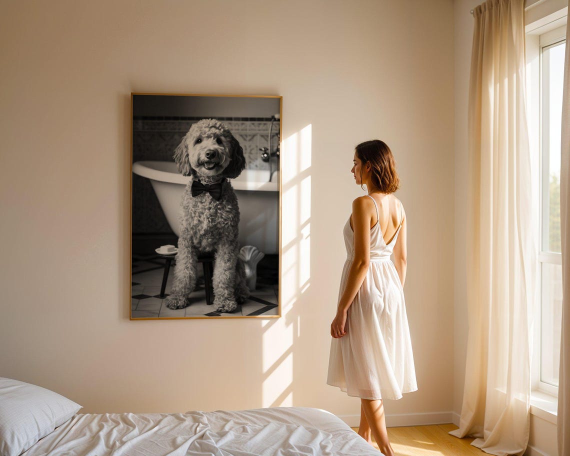 Curly Dog With Bow Tie in Bathroom Black and White Art Poster - Image 3