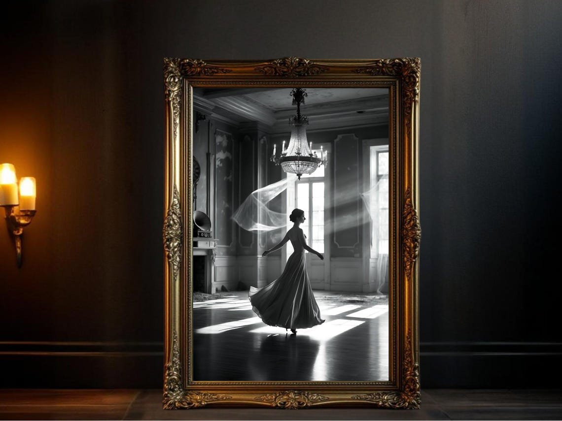 Elegant Ballerina In Grand Ballroom Black And White Dance Scene Print Vintage Style Wall Art Classical Home Decor Dance Lover Gift