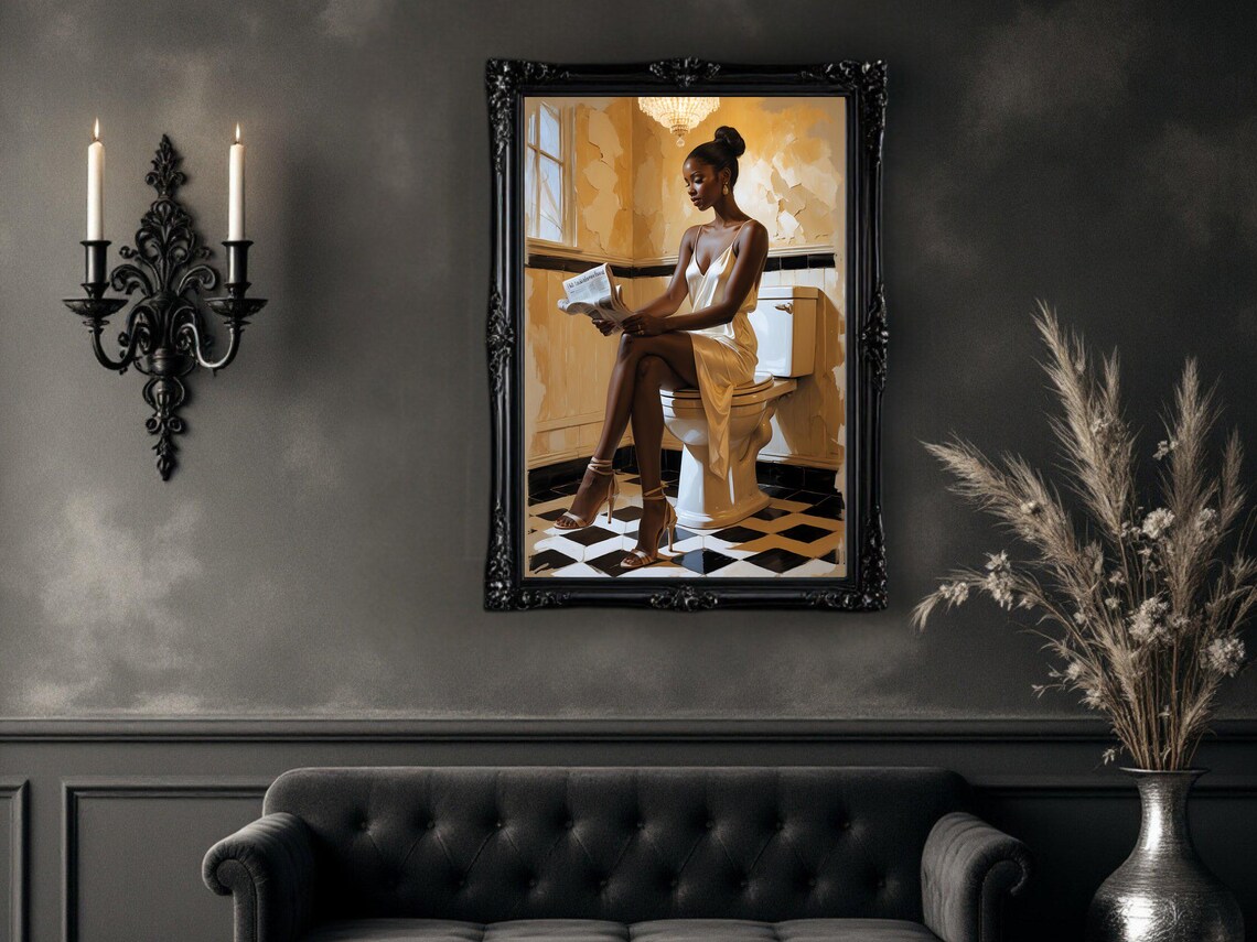Elegant Woman Reading Newspaper on Toilet, Chic Bathroom Poster - Image 4