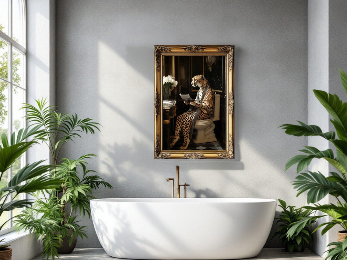 Elegant Cheetah in a Bathrobe Reading a Magazine on Toilet Poster - Image 3