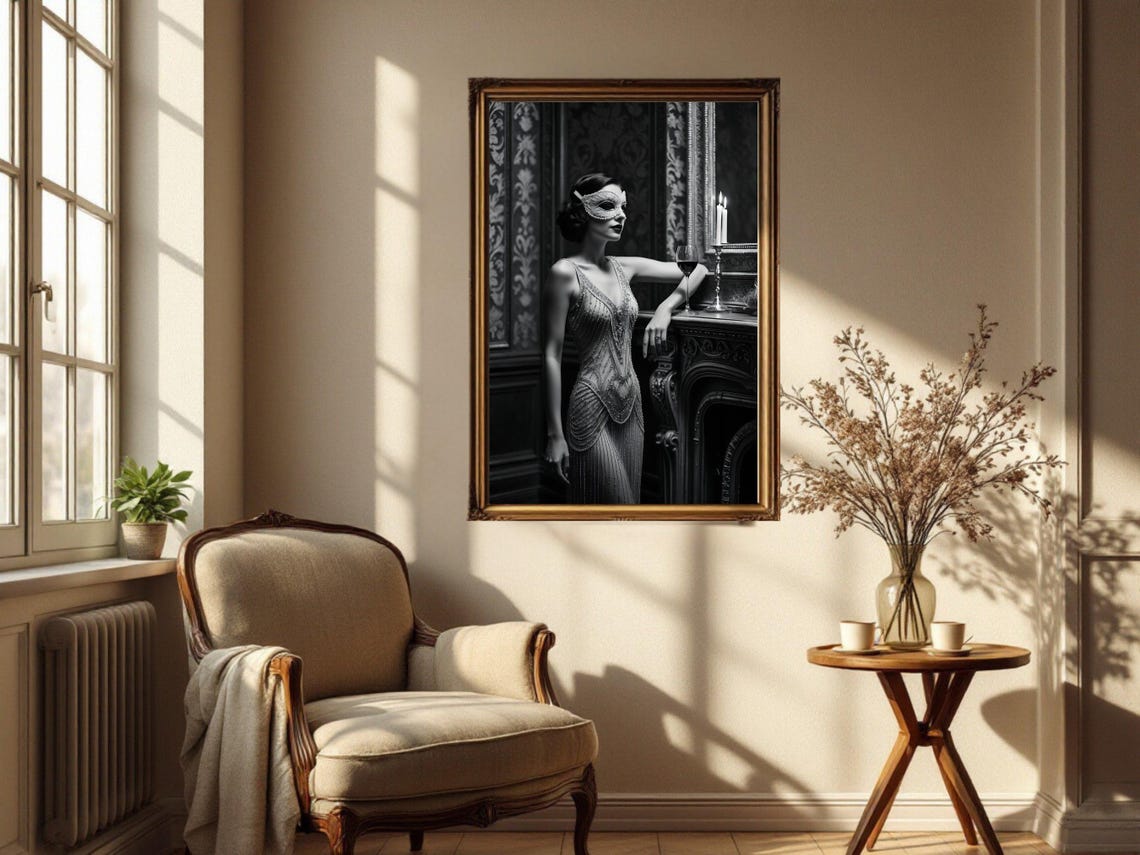 Masked Woman In Beaded Flapper Dress Beside A Fireplace Poster - Image 2