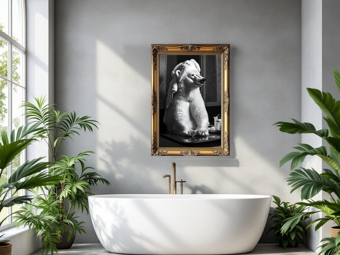 Polar Bear With a Towel on Its Head Sitting on a Bathroom Counter Poster - Image 3