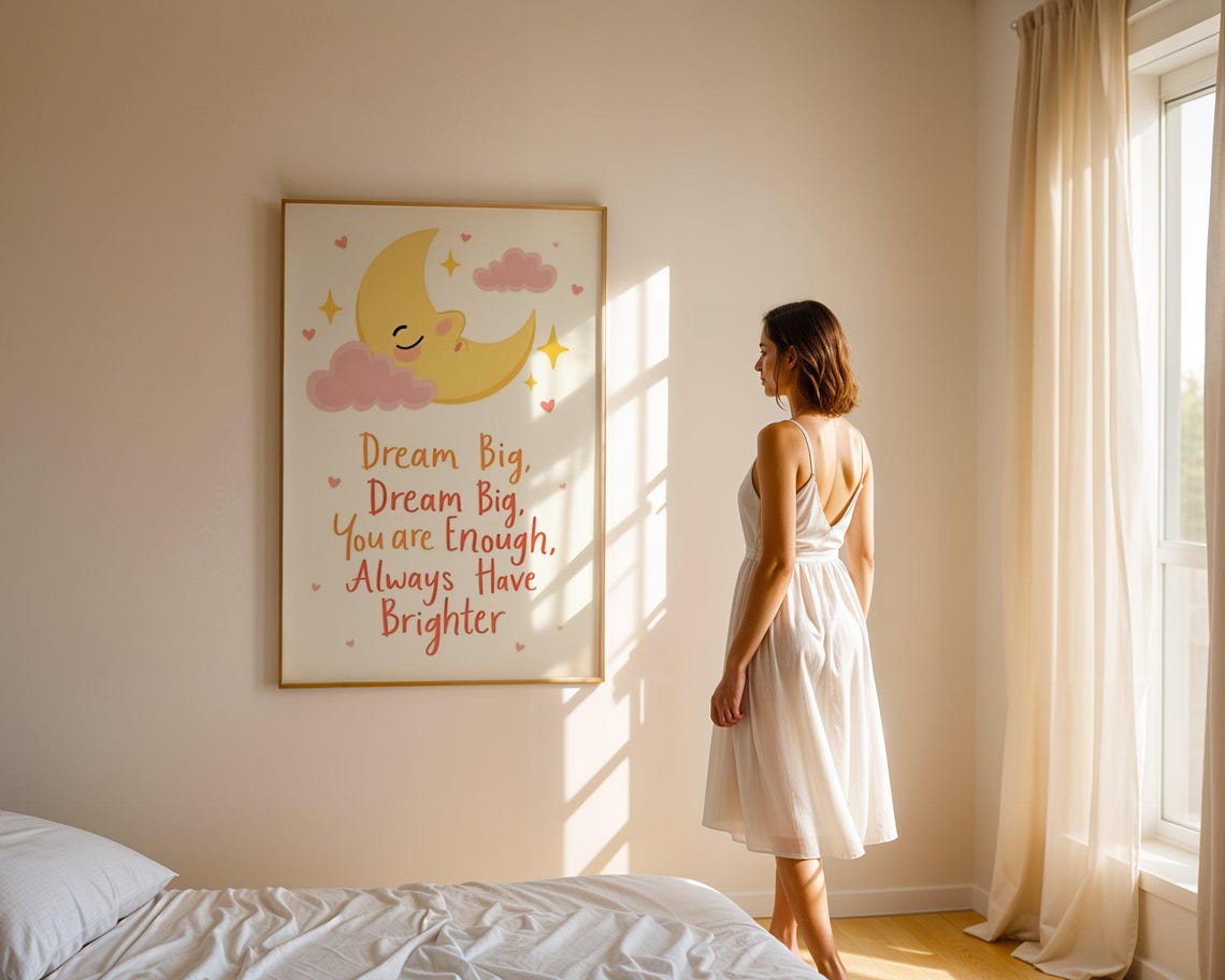 Dream Big Sleeping Crescent Moon and Stars Nursery Quote Poster - Image 4