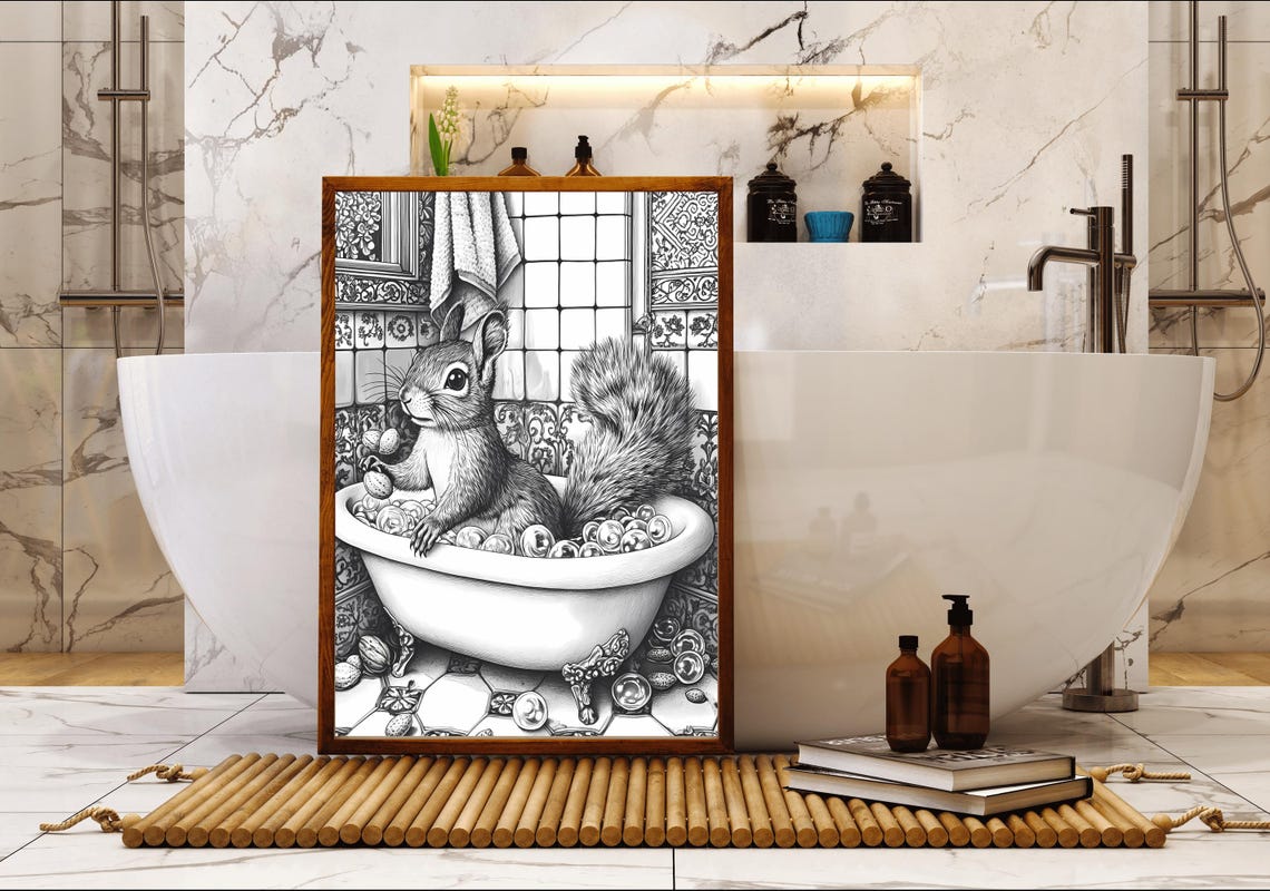 Squirrel Bathing with Walnuts in an Engraved Bathtub Sketch Poster - Image 5