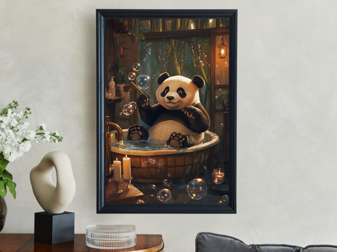 Sleepy Panda Relaxing in a Copper Bathtub Surrounded by Candles Poster - Image 2