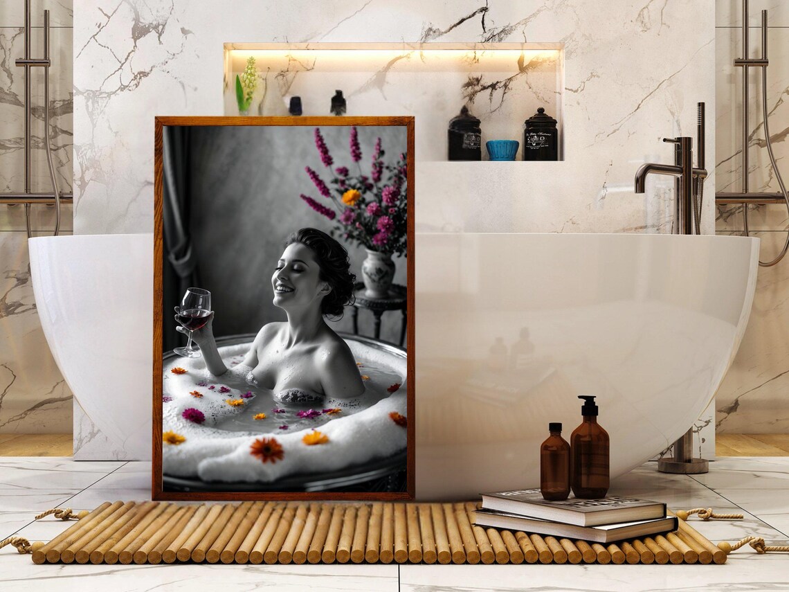 Woman in a Bubble Bath With Wine and Colorful Flowers Poster - Image 5