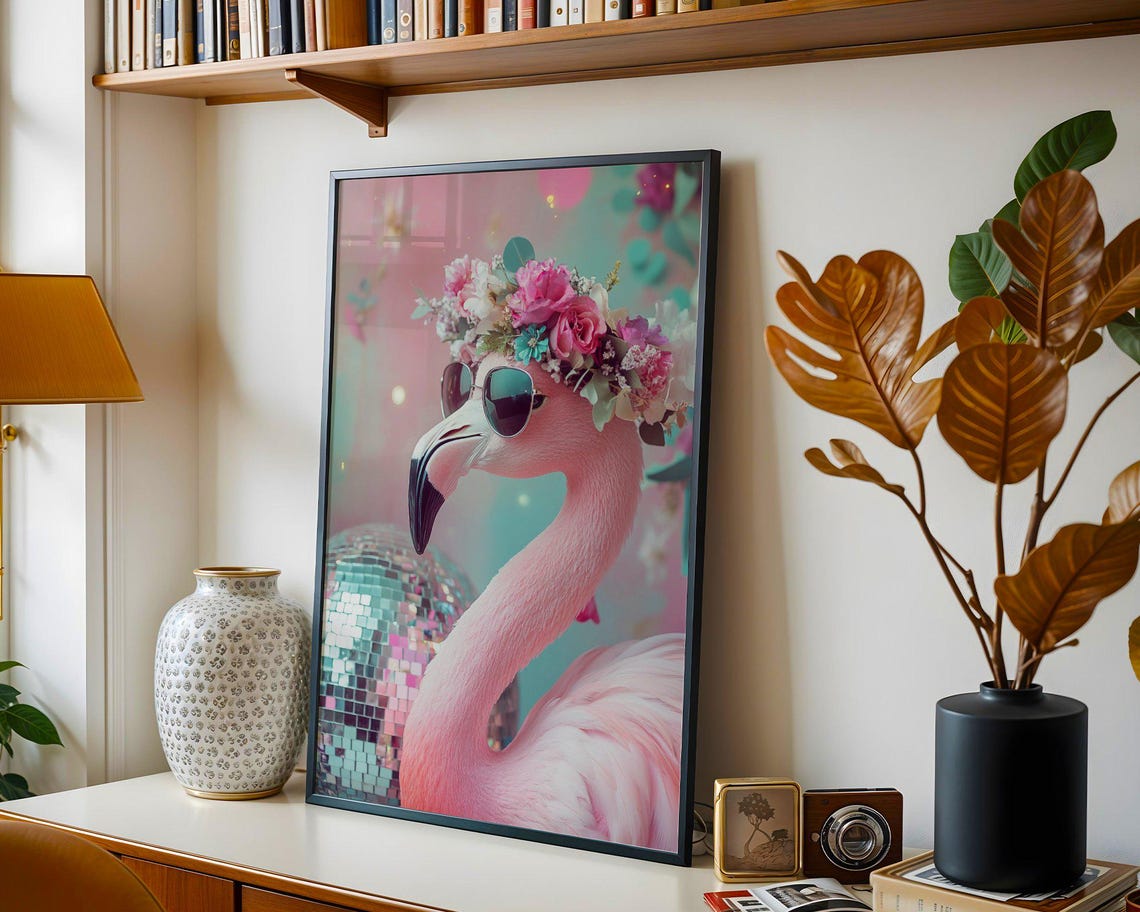Flamingo with Sunglasses and Flower Crown by a Disco Ball Party Poster - Image 5