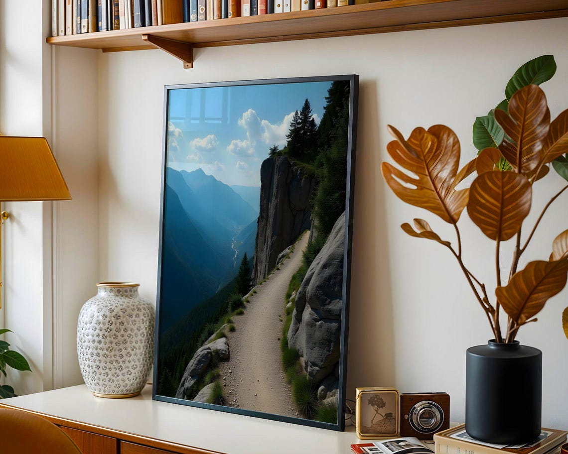 Cliffside Mountain Trail Overlooking a Misty Blue Valley Poster - Image 3