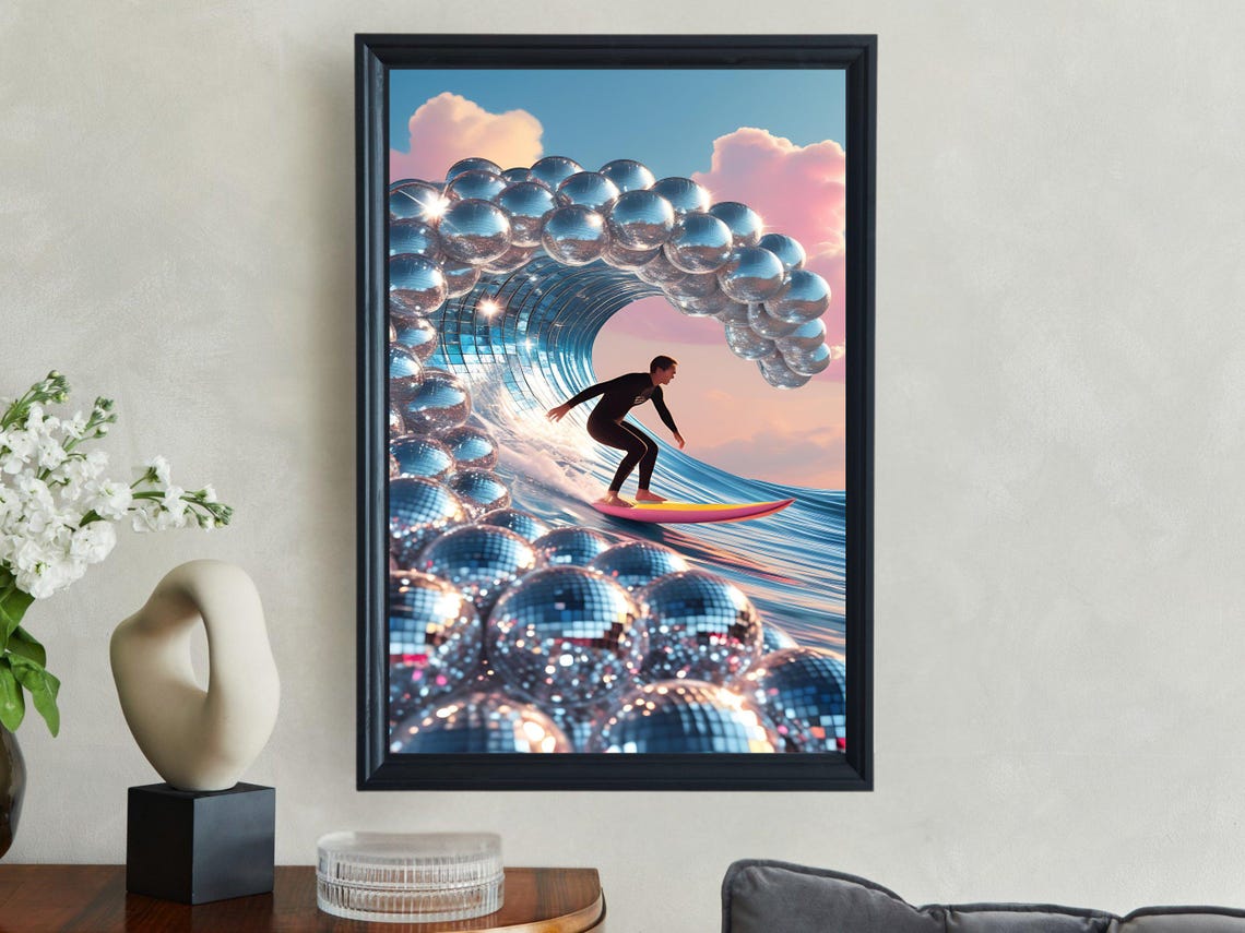 Surfer Riding Disco Ball Wave Wall Art Unique Ocean Surfing Decor Vibrant Beach Theme Artwork Retro Futuristic Wall Print
