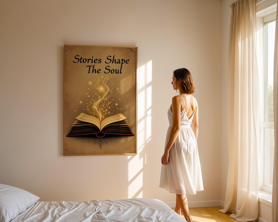 Stories Shape the Soul Glowing Open Book Literary Magic Quote Wall Poster - Image 5