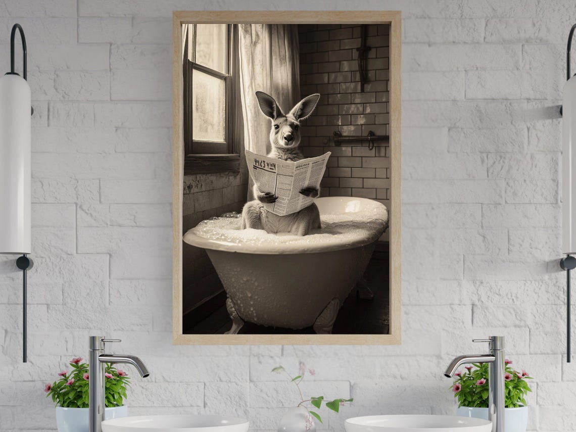 Kangaroo Reading a Newspaper in a Bubble Bath Vintage Poster