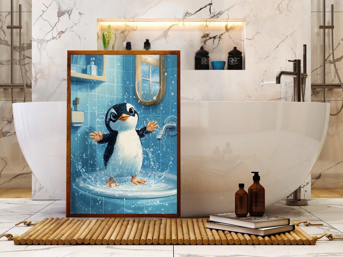 Adorable Baby Penguin Splashing Joyfully in the Bathroom Sink Poster - Image 5