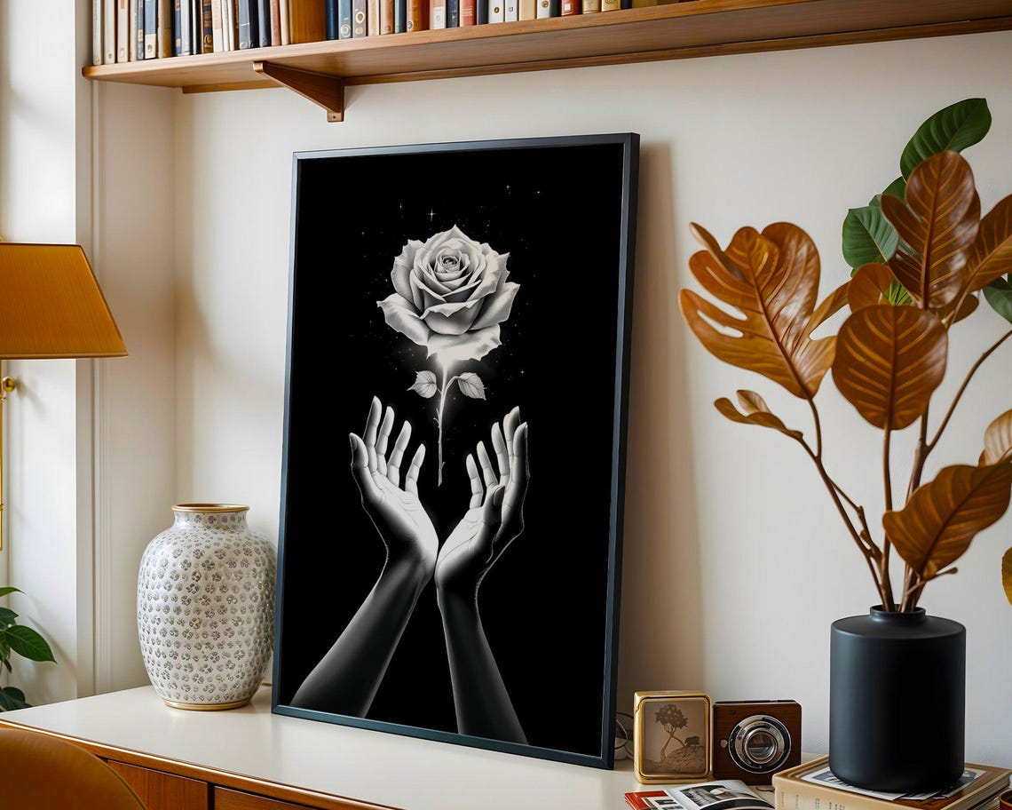 Hands Holding a Glowing White Rose on Black Dramatic Floral Art Poster - Image 2