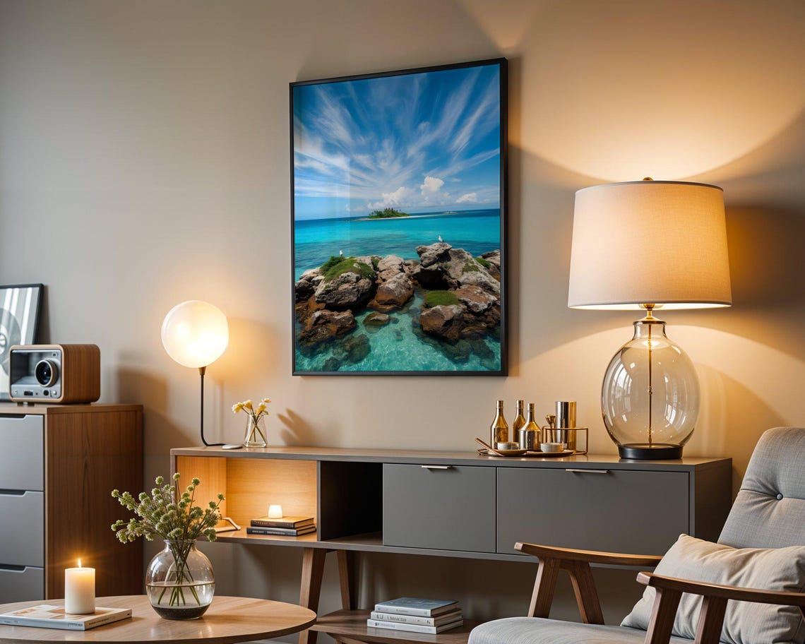 Rocky Shore With Crystal Water and Distant Green Island Poster - Image 5