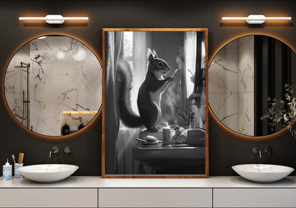 Cute Squirrel Brushing Teeth at a Bathroom Sink Black and White Poster - Image 3
