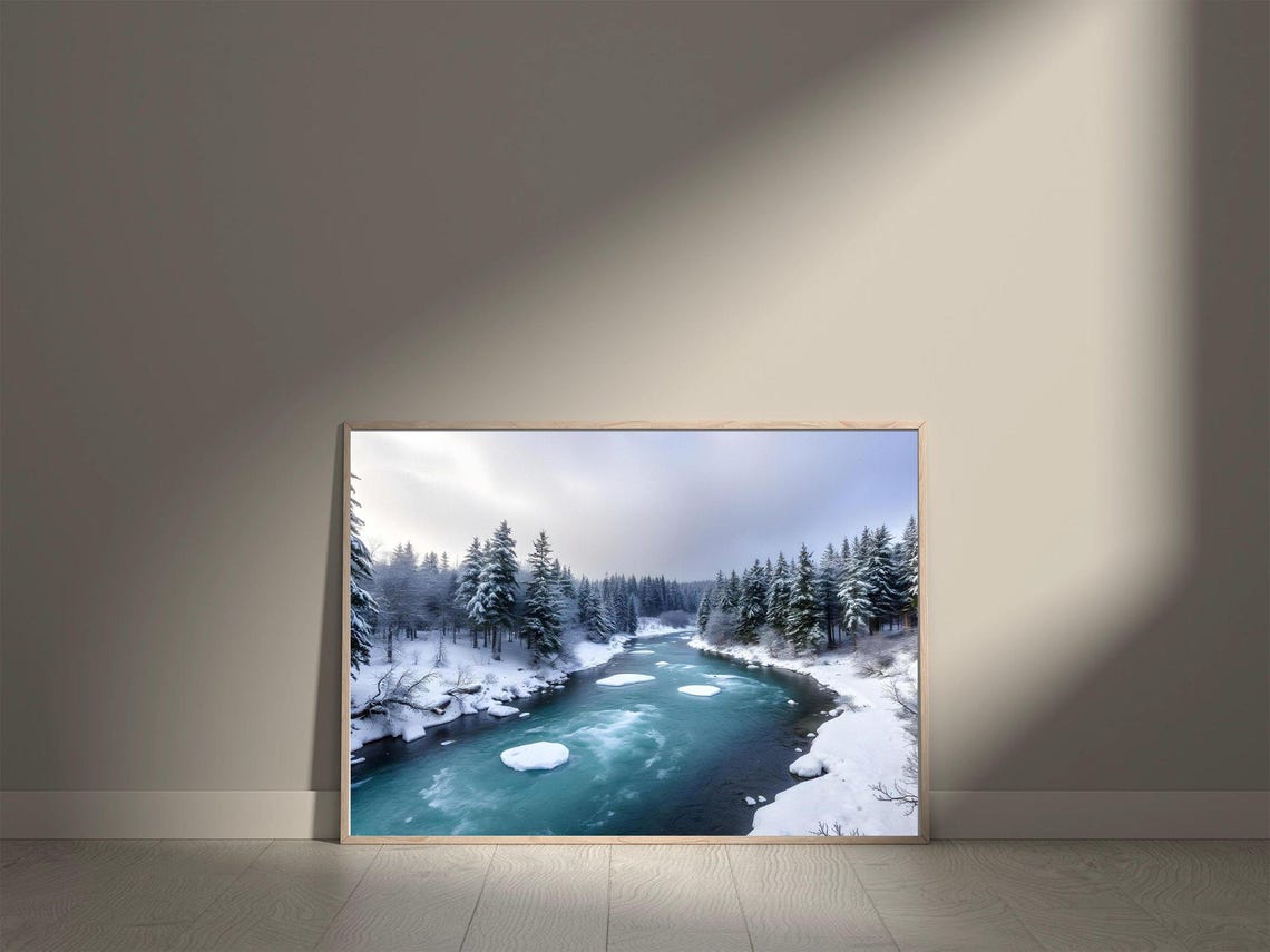 Snowy River Winding Through Pine Forest Winter Wonderland Poster - Image 5