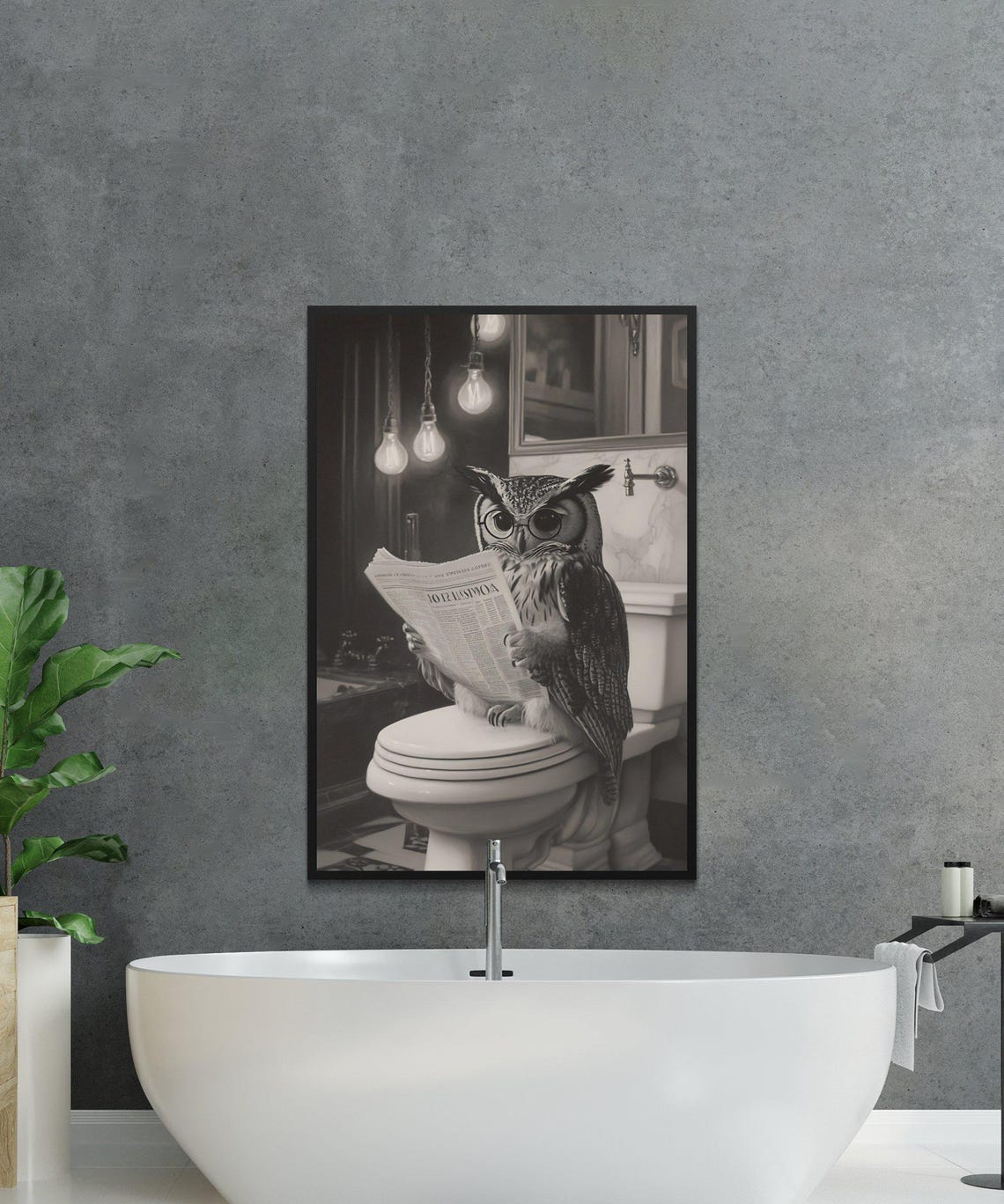 Owl Wearing Glasses Reading Newspaper Sepia Tone Bathroom Poster - Image 2