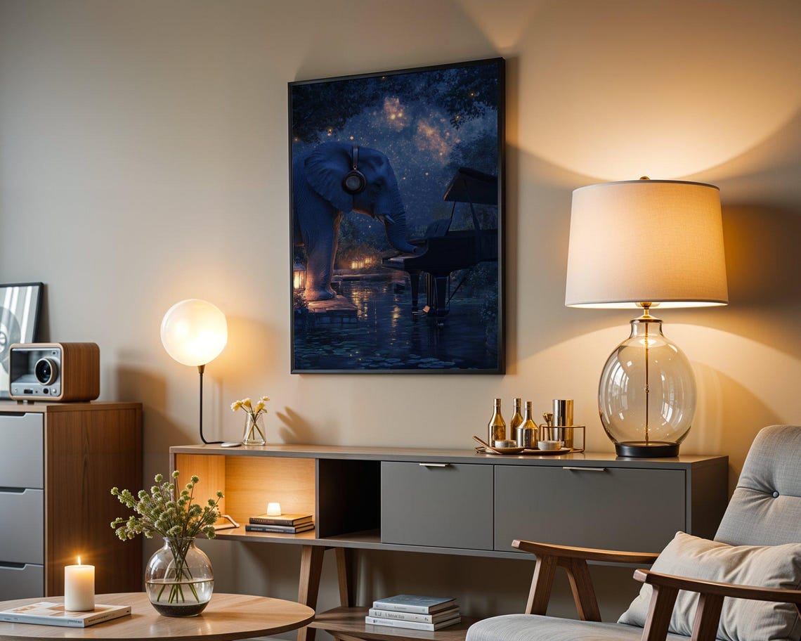Elephant In Headphones Playing Piano Under A Starry Night Sky Poster - Image 4