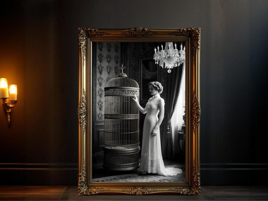 Woman in White Gown Beside Giant Ornate Birdcage, B&W Poster