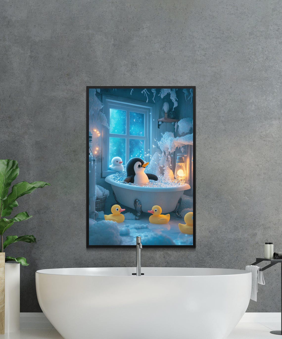 Penguin Bubble Bath with Rubber Ducks in Winter Scene Poster - Image 2